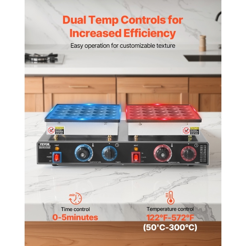 VEVOR 50PCS Mini Dutch Pancake Maker, Non-stick Stainless Steel Dorayaki Baker, 1800W Commercial Electric Poffertjes Grill Pan, Dual Temp & Time