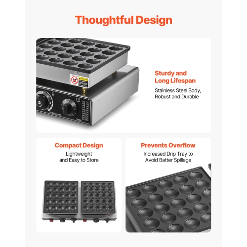 VEVOR 50PCS Mini Dutch Pancake Maker, Non-stick Stainless Steel Dorayaki Baker, 1800W Commercial Electric Poffertjes Grill Pan, Dual Temp & Time