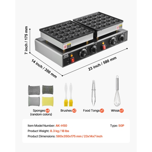 VEVOR 50PCS Mini Dutch Pancake Maker, Non-stick Stainless Steel Dorayaki Baker, 1800W Commercial Electric Poffertjes Grill Pan, Dual Temp & Time