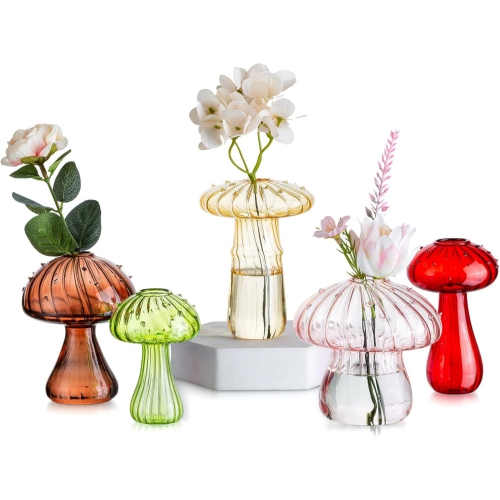 NIERBO  Colorful Glass Mushroom Vase: Cute Small Flower Vase Set Of 5 Unique Mini Bud Vases for Centerpieces Decorative Vases for Flowers Funky Plant