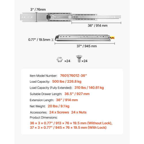 VEVOR Set of 2 Drawer Rails, Sizes Ranging from 16 to 60 inches, Capable of Supporting 500 lbs, Equipped with Locking Mechanism and Ball Bearing Side
