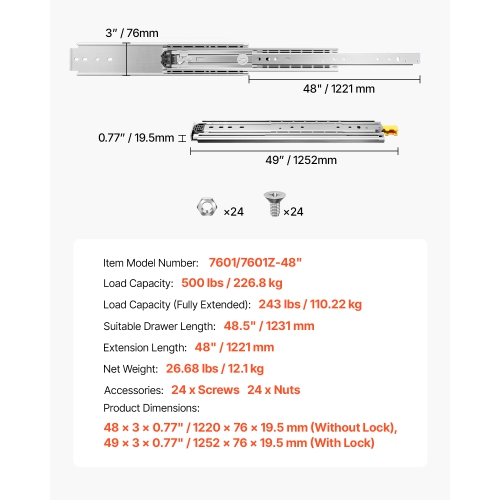 VEVOR Set of 2 Drawer Rails,Sizes 16 18 20 24 30 35 37.4 59 24 32 36 40 48 60 in,Capable of Supporting 500 lbs,Locking Mechanism Included,Ball