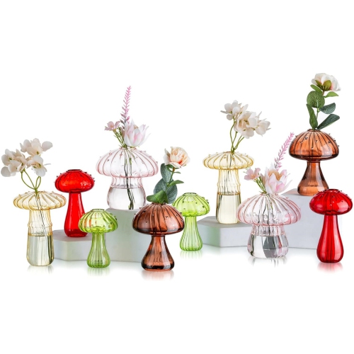 NIERBO Colorful Glass Mushroom Vase: Cute Small Flower Vase Set of 10 Unique Mini Bud Vases for Centerpieces Decorative Vases for Flowers Funky Plant