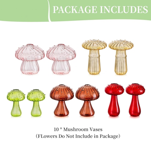 NIERBO Colorful Glass Mushroom Vase: Cute Small Flower Vase Set of 10 Unique Mini Bud Vases for Centerpieces Decorative Vases for Flowers Funky Plant