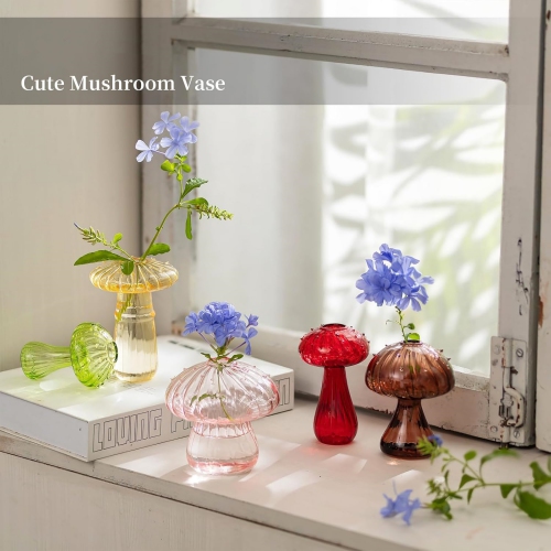 NIERBO Colorful Glass Mushroom Vase: Cute Small Flower Vase Set of 10 Unique Mini Bud Vases for Centerpieces Decorative Vases for Flowers Funky Plant