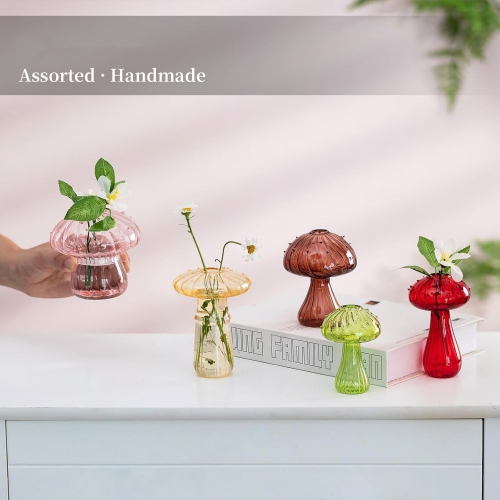 NIERBO Colorful Glass Mushroom Vase: Cute Small Flower Vase Set of 10 Unique Mini Bud Vases for Centerpieces Decorative Vases for Flowers Funky Plant