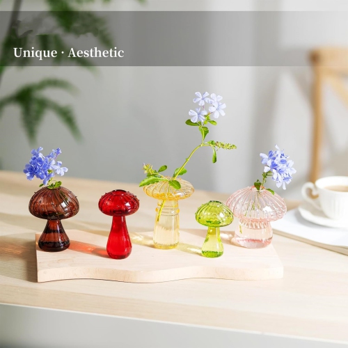 NIERBO Colorful Glass Mushroom Vase: Cute Small Flower Vase Set of 10 Unique Mini Bud Vases for Centerpieces Decorative Vases for Flowers Funky Plant