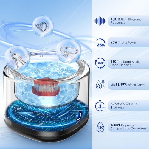 Ultrasonic Cleaner for Dentures, Invisalign, Mouth Guard, Aligner, Whitening Trays, 43kHz 180ML Portable