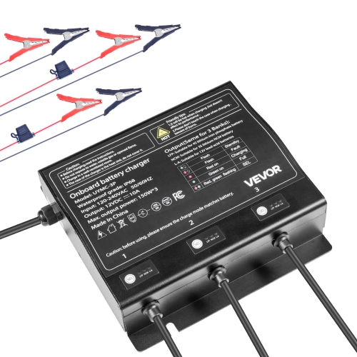 VEVOR 3-Bank Marine Battery Charger, 10A 12V Onboard Boat Charger, IP68 Waterproof Smart On-Board Battery Charger, for Lithium-Ion, NCM, Lead-Acid
