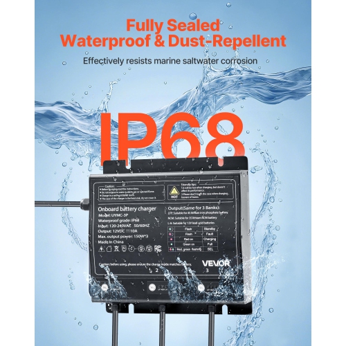 VEVOR 3-Bank Marine Battery Charger, 10A 12V Onboard Boat Charger, IP68 Waterproof Smart On-Board Battery Charger, for Lithium-Ion, NCM, Lead-Acid