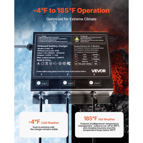 VEVOR 3-Bank Marine Battery Charger, 10A 12V Onboard Boat Charger, IP68 Waterproof Smart On-Board Battery Charger, for Lithium-Ion, NCM, Lead-Acid