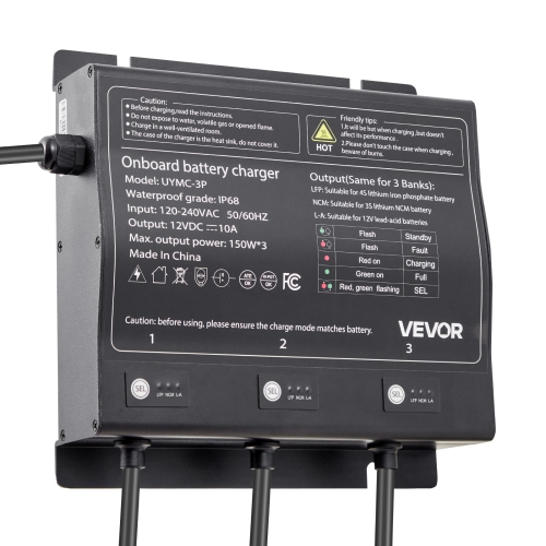 VEVOR 3-Bank Marine Battery Charger, 10A 12V Onboard Boat Charger, IP68 Waterproof Smart On-Board Battery Charger, for Lithium-Ion, NCM, Lead-Acid