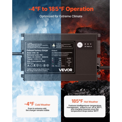 VEVOR 5A Marine Battery Charger, 1-Bank, 12V Onboard Boat Charger, IP68 Waterproof Smart On-Board Battery Charger, for Lithium-Ion, NCM, Lead-Acid