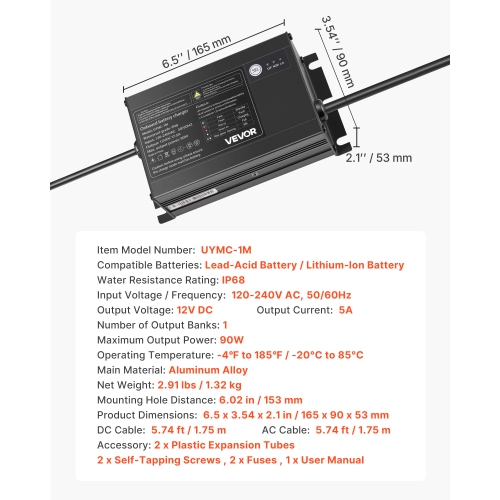 VEVOR 5A Marine Battery Charger, 1-Bank, 12V Onboard Boat Charger, IP68 Waterproof Smart On-Board Battery Charger, for Lithium-Ion, NCM, Lead-Acid