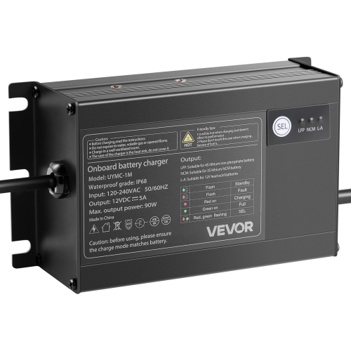 VEVOR 5A Marine Battery Charger, 1-Bank, 12V Onboard Boat Charger, IP68 Waterproof Smart On-Board Battery Charger, for Lithium-Ion, NCM, Lead-Acid