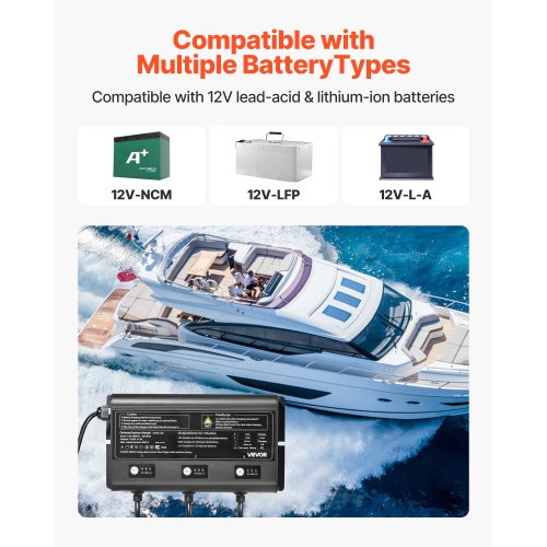 VEVOR 5A Marine Battery Charger, 3-Bank, 12V Onboard Boat Charger, IP68 Waterproof Smart On-Board Battery Charger, for Lithium-Ion, NCM, Lead-Acid