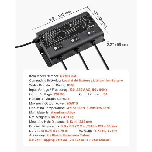 VEVOR 5A Marine Battery Charger, 3-Bank, 12V Onboard Boat Charger, IP68 Waterproof Smart On-Board Battery Charger, for Lithium-Ion, NCM, Lead-Acid