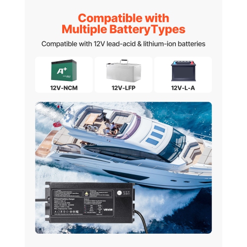 VEVOR 10A Marine Battery Charger, 1-Bank, 12V Onboard Boat Charger, IP68 Waterproof Smart On-Board Battery Charger, for Lithium-Ion, NCM, Lead-Acid