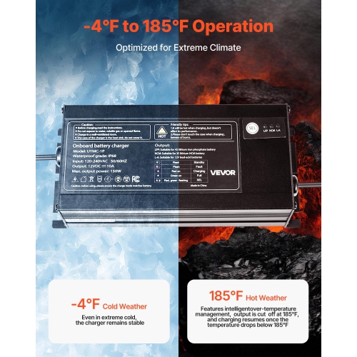 VEVOR 10A Marine Battery Charger, 1-Bank, 12V Onboard Boat Charger, IP68 Waterproof Smart On-Board Battery Charger, for Lithium-Ion, NCM, Lead-Acid