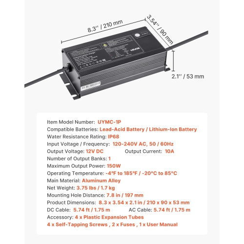 VEVOR 10A Marine Battery Charger, 1-Bank, 12V Onboard Boat Charger, IP68 Waterproof Smart On-Board Battery Charger, for Lithium-Ion, NCM, Lead-Acid