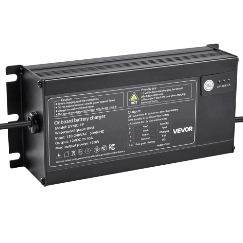 VEVOR 10A Marine Battery Charger, 1-Bank, 12V Onboard Boat Charger, IP68 Waterproof Smart On-Board Battery Charger, for Lithium-Ion, NCM, Lead-Acid
