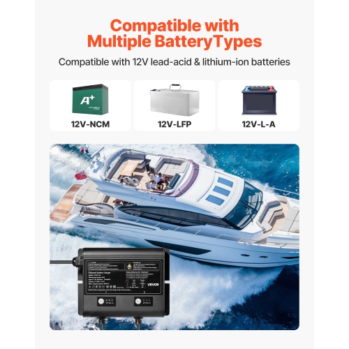 VEVOR 5A Marine Battery Charger, 2-Bank, 12V Onboard Boat Charger, IP68 Waterproof Smart On-Board Battery Charger, for Lithium-Ion, NCM, Lead-Acid