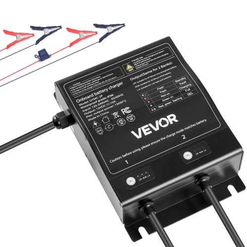 VEVOR 10A Marine Battery Charger, 2-Bank, 12V Onboard Boat Charger, IP68 Waterproof Smart On-Board Battery Charger, for Lithium-Ion, NCM, Lead-Acid
