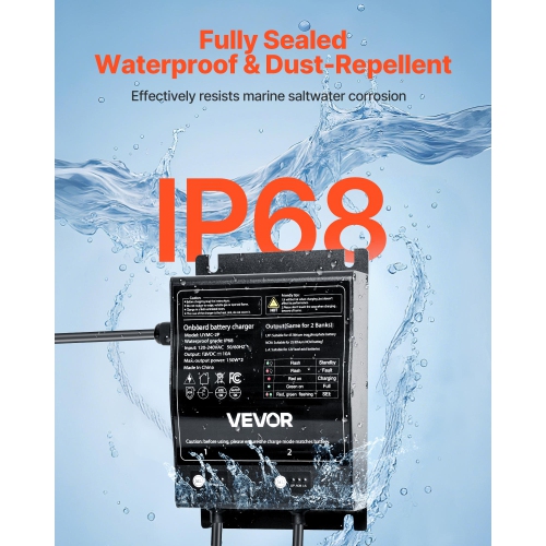 VEVOR 10A Marine Battery Charger, 2-Bank, 12V Onboard Boat Charger, IP68 Waterproof Smart On-Board Battery Charger, for Lithium-Ion, NCM, Lead-Acid