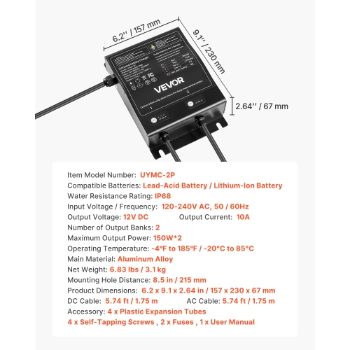 VEVOR 10A Marine Battery Charger, 2-Bank, 12V Onboard Boat Charger, IP68 Waterproof Smart On-Board Battery Charger, for Lithium-Ion, NCM, Lead-Acid
