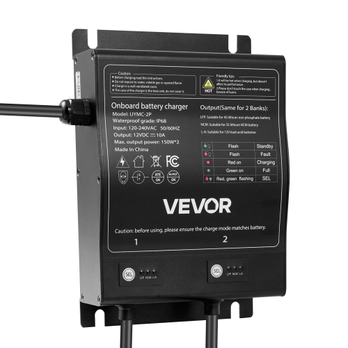 VEVOR 10A Marine Battery Charger, 2-Bank, 12V Onboard Boat Charger, IP68 Waterproof Smart On-Board Battery Charger, for Lithium-Ion, NCM, Lead-Acid