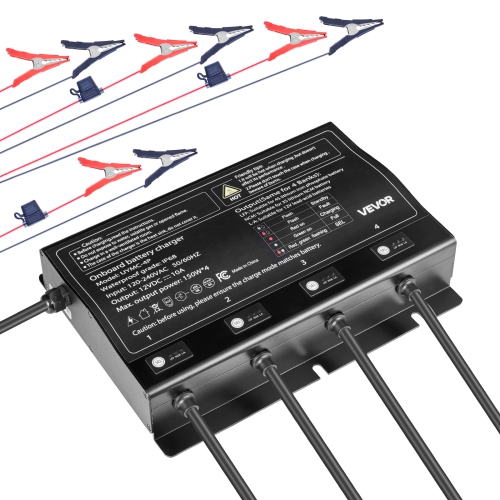 VEVOR 4-Bank Marine Battery Charger, 10A 12V Onboard Boat Charger, IP68 Waterproof Smart On-Board Battery Charger, for Lithium-Ion, NCM, Lead-Acid