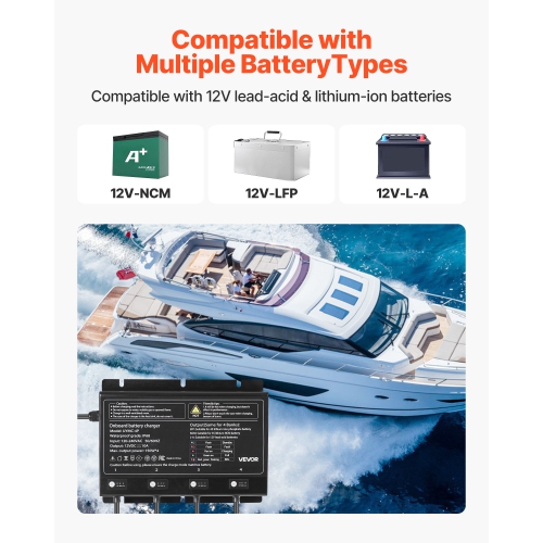 VEVOR 4-Bank Marine Battery Charger, 10A 12V Onboard Boat Charger, IP68 Waterproof Smart On-Board Battery Charger, for Lithium-Ion, NCM, Lead-Acid