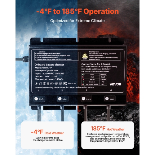 VEVOR 4-Bank Marine Battery Charger, 10A 12V Onboard Boat Charger, IP68 Waterproof Smart On-Board Battery Charger, for Lithium-Ion, NCM, Lead-Acid