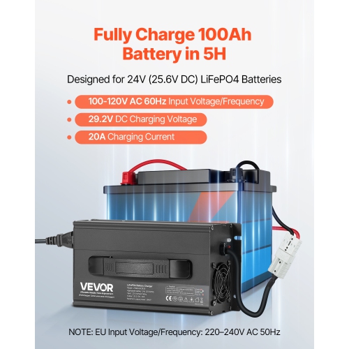 VEVOR 24V 20A Lithium Battery Charger, 29.2V, AC-DC LiFePO4 Smart Charger, with Anderson Connector,LED Indicator,0V Activation,for Lithium LiFePO4