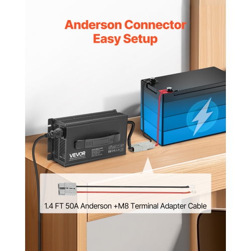 VEVOR 24V 20A Lithium Battery Charger, 29.2V, AC-DC LiFePO4 Smart Charger, with Anderson Connector,LED Indicator,0V Activation,for Lithium LiFePO4