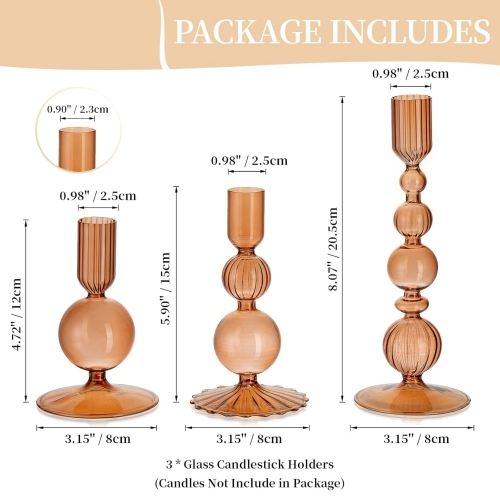 NIERBO Glass Brown Taper Candle Holders Set of 3 Modern Candlestick Holders for Taper Candles Decorative Candle Holders for Table Centerpiece Wedding