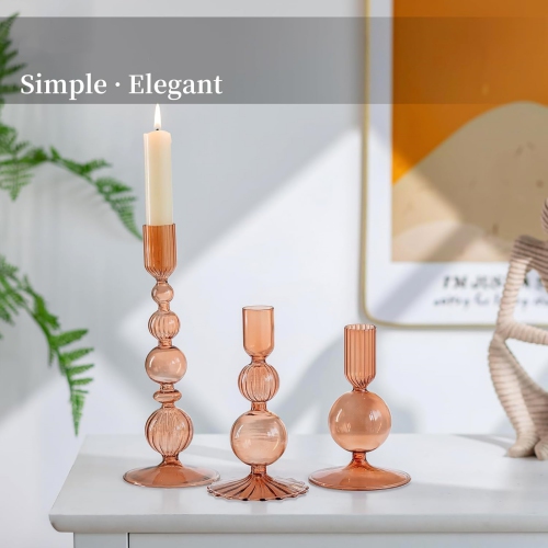 NIERBO Glass Brown Taper Candle Holders Set of 3 Modern Candlestick Holders for Taper Candles Decorative Candle Holders for Table Centerpiece Wedding
