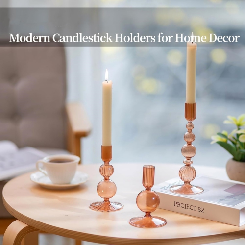 NIERBO Glass Brown Taper Candle Holders Set of 3 Modern Candlestick Holders for Taper Candles Decorative Candle Holders for Table Centerpiece Wedding