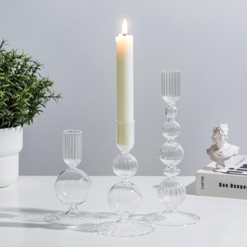 NIERBO Glass Clear Taper Candle Holders Set of 3 Modern Candlestick Holders for Taper Candles Decorative Candle Holders for Table Centerpiece Wedding