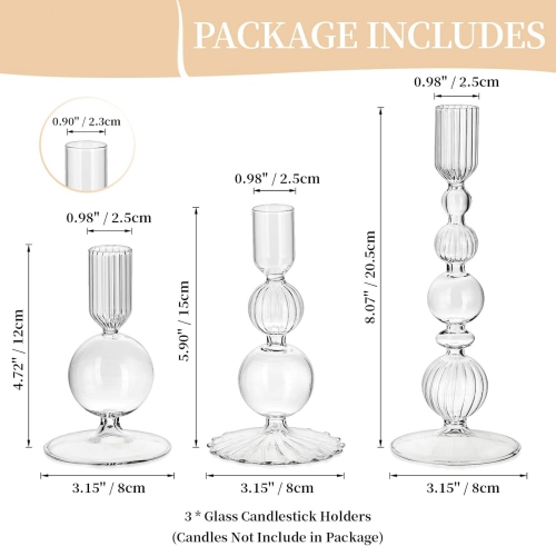NIERBO Glass Clear Taper Candle Holders Set of 3 Modern Candlestick Holders for Taper Candles Decorative Candle Holders for Table Centerpiece Wedding