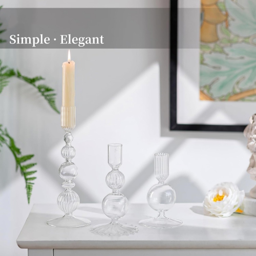 NIERBO Glass Clear Taper Candle Holders Set of 3 Modern Candlestick Holders for Taper Candles Decorative Candle Holders for Table Centerpiece Wedding