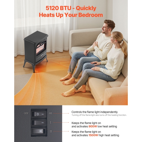 VEVOR 22.8inch Freestanding Fireplaces, 1500W 5120BTU Portable Electric Fireplace Stove Heater, with Overheating Protection,Realistic Flames,for