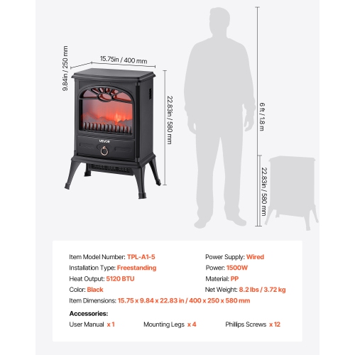 VEVOR 22.8inch Freestanding Fireplaces, 1500W 5120BTU Portable Electric Fireplace Stove Heater, with Overheating Protection,Realistic Flames,for