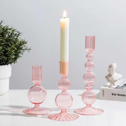 NIERBO Glass Pink Taper Candle Holders Set of 3 Modern Candlestick Holders for Taper Candles Decorative Candle Holders for Table Centerpiece Wedding
