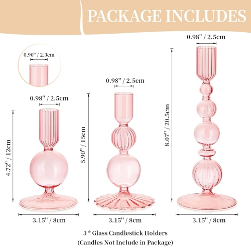 NIERBO Glass Pink Taper Candle Holders Set of 3 Modern Candlestick Holders for Taper Candles Decorative Candle Holders for Table Centerpiece Wedding