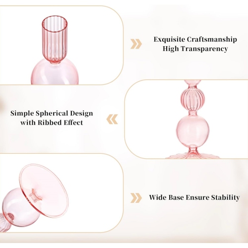 NIERBO Glass Pink Taper Candle Holders Set of 3 Modern Candlestick Holders for Taper Candles Decorative Candle Holders for Table Centerpiece Wedding