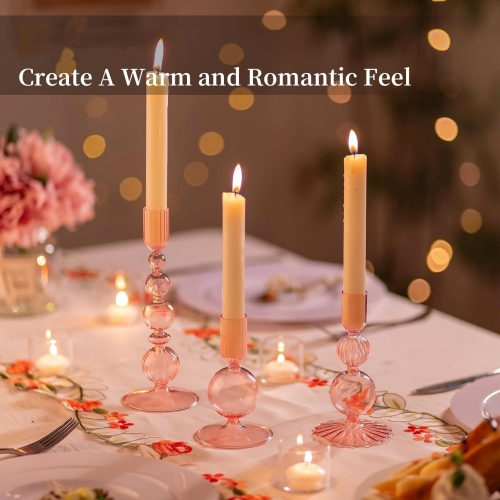 NIERBO Glass Pink Taper Candle Holders Set of 3 Modern Candlestick Holders for Taper Candles Decorative Candle Holders for Table Centerpiece Wedding