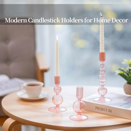 NIERBO Glass Pink Taper Candle Holders Set of 3 Modern Candlestick Holders for Taper Candles Decorative Candle Holders for Table Centerpiece Wedding