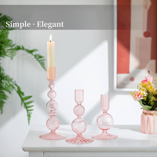 NIERBO Glass Pink Taper Candle Holders Set of 3 Modern Candlestick Holders for Taper Candles Decorative Candle Holders for Table Centerpiece Wedding