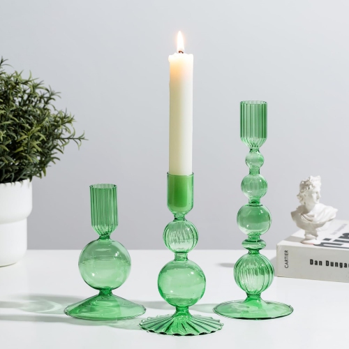 NIERBO Glass Green Taper Candle Holders Set of 3 Modern Candlestick Holders for Taper Candles Decorative Candle Holders for Table Centerpiece Wedding